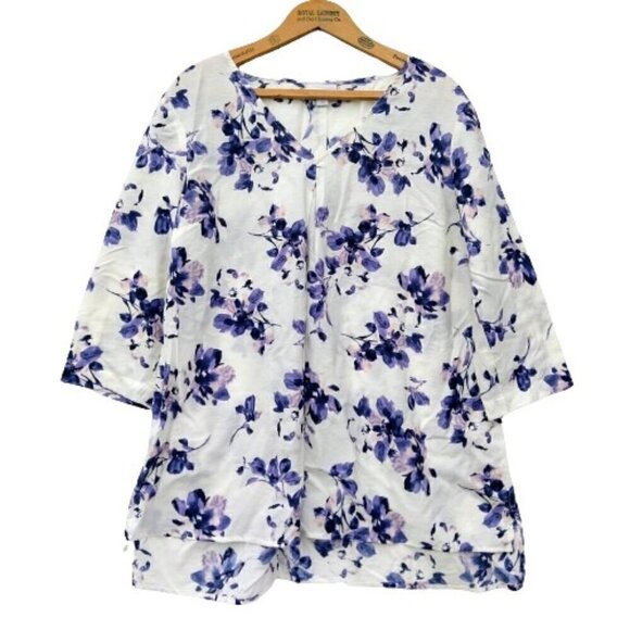 J Jill Floral Tunic Top Size MP White Purple V Neck Half Sleeve Button Cuff - Picture 1 of 10
